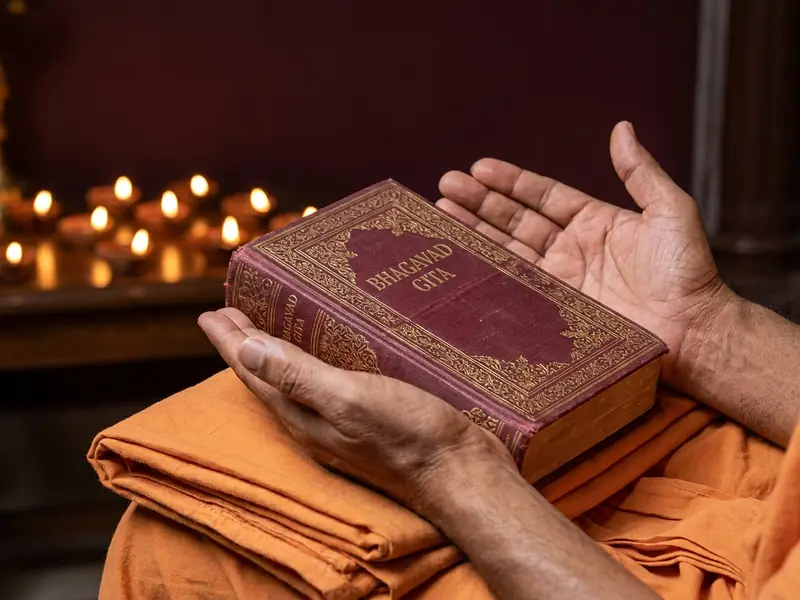 A devotee distributing copies of the Bhagavad Gita
