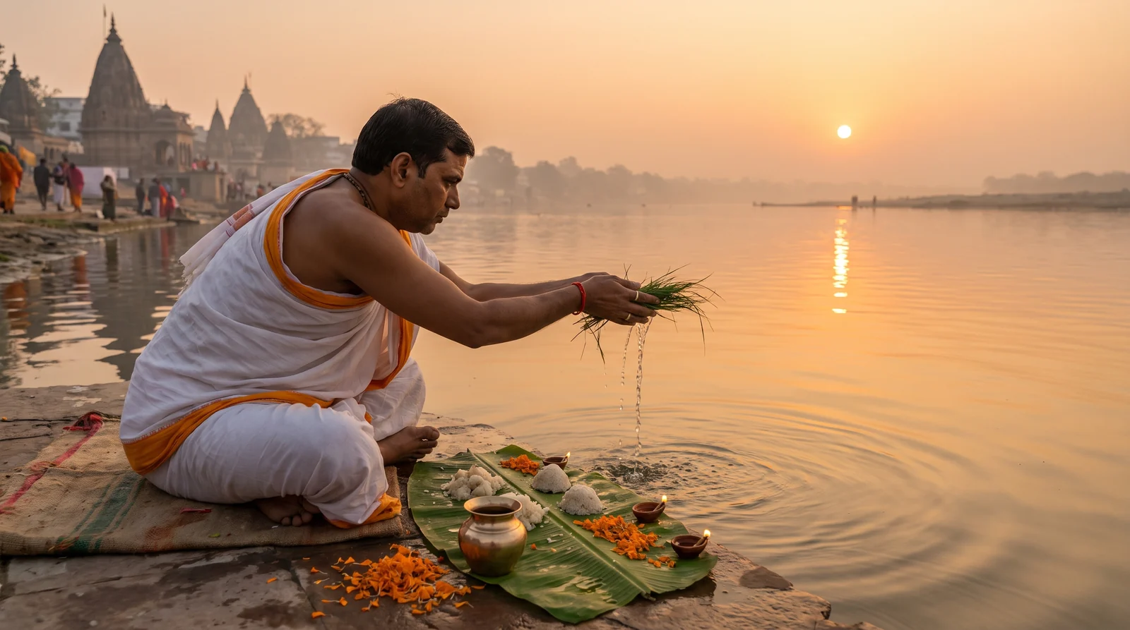 A priest offering tarpanam to the ancestors at dawn on the banks of the sacred river at Gaya